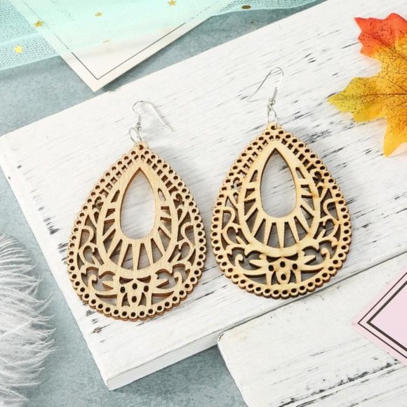 Jewelry - 3/$20 Vintage Carved Hollow Wood Drop Earrings